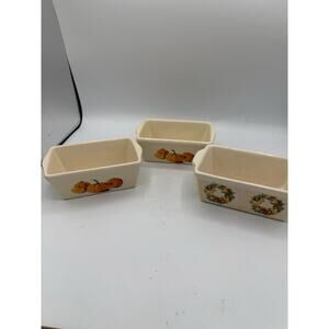 Set of 3 Mini Ceramic Loaf Pans Fall & Holiday Designs Pumpkin Wreath 6.5”